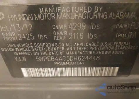 2013 Hyundai Sonata Gls from USA, damaged, VIN 5NPEB4AC5DH624448